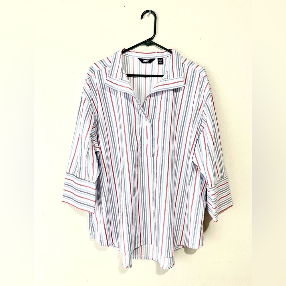Lands' End Women's Striped Button Down Shirt - Red, Blue, White Size XL